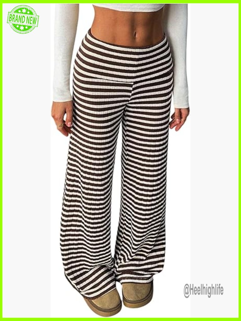 Women's Striped Wide Leg Pants Elastic High Waist Casual Lounge Trousers